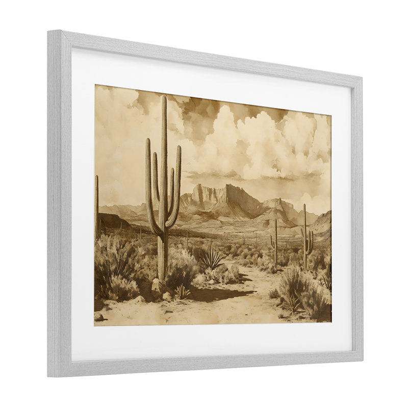 Vintage Desert Peaks avec Saguaro, reproduction encadrée sous verre, design par Franklyn Gregory, 14 x 20