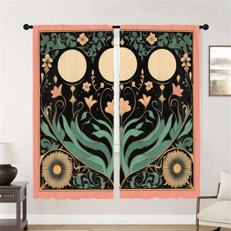 2Pcs Art Nouveau Floral Curtains, Moon Phase Patterned Modern Boho  Light Filtering Curtain For living bedroom Kitchen Rod Pocket Window Drapes, Home Decor