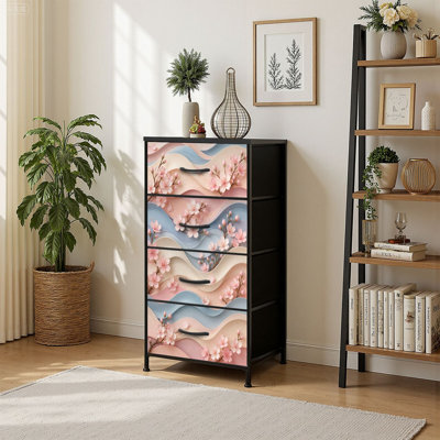 Commode à 4 tiroirs avec rangement vertical en cerisier rose pastel et vagues bleues avec plateau en bois