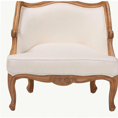 Traditional French Beige Fabric and Honey Oak Finished Wood Low Seat Accent Chair