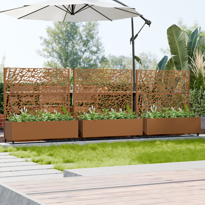 47" H x 47" W x 16" D Outdoor Metal Planter Box with Trellis Decor Raised Garden Bed with Lattice Panel and Wheels for Patio
