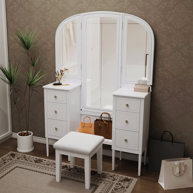 Antique Style Makeup Makeup Vanity  Desk With Triple Mirror, 6-Drawer Dressing Table (Makeup Vanity) Set Including Stool, Full-Length Vanity Mirror  Dressing Room, White, For Bedroom