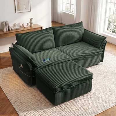 85" Convertible L-shaped Sofa Bed, Corduroy Sectional Couch With Storage Ottoman & Usb Port