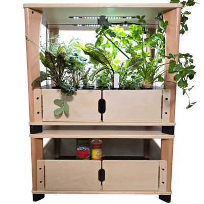 Indoor hydroponic growing system with LED grow light, wooden furniture design, herb garden kit, 24 plants expandable to 96, no subscription.
