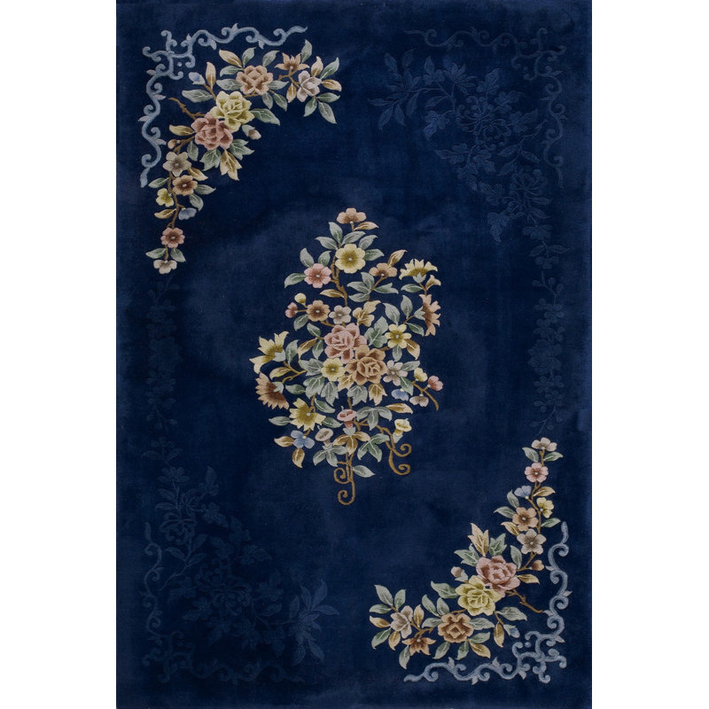 Antique Blue Color Floral Design Chinese Art Deco Wool Pile Rug