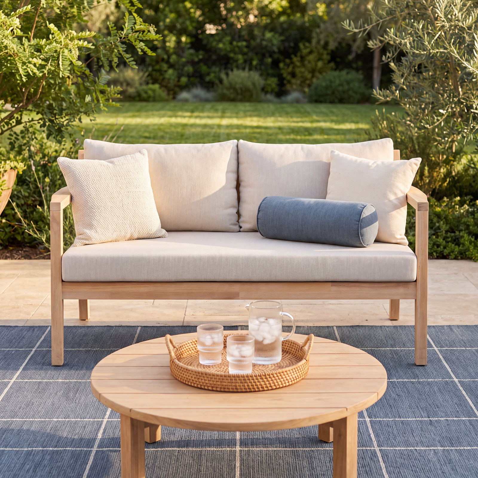 Amina 58" Acacia Patio Loveseat, Beige Performance Olefin