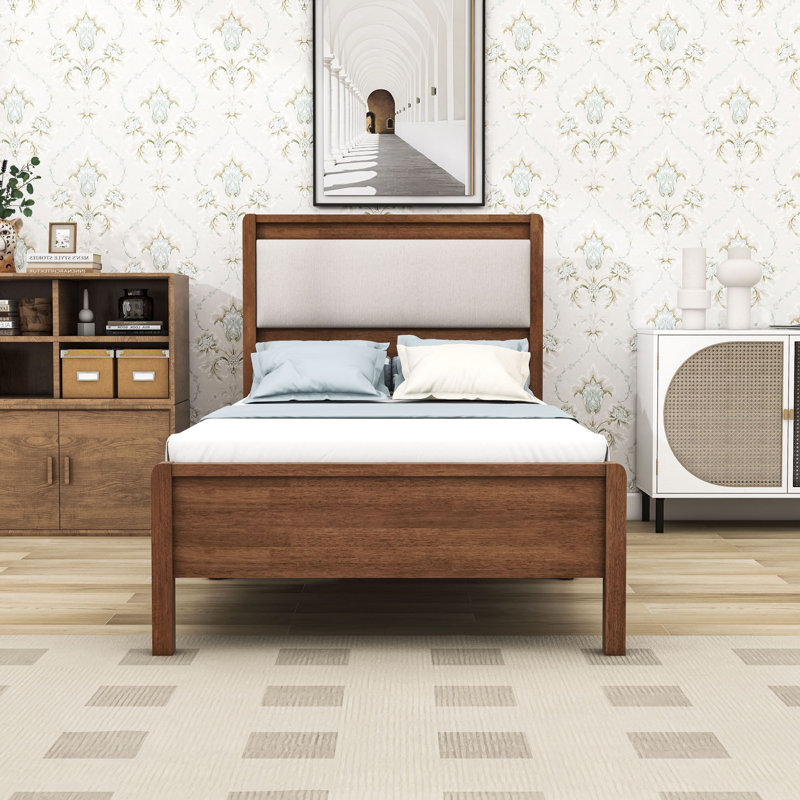 Wood Bed with Soft Upholstered Headboard and Spacious Underbed Storage, Twin XL, Brown