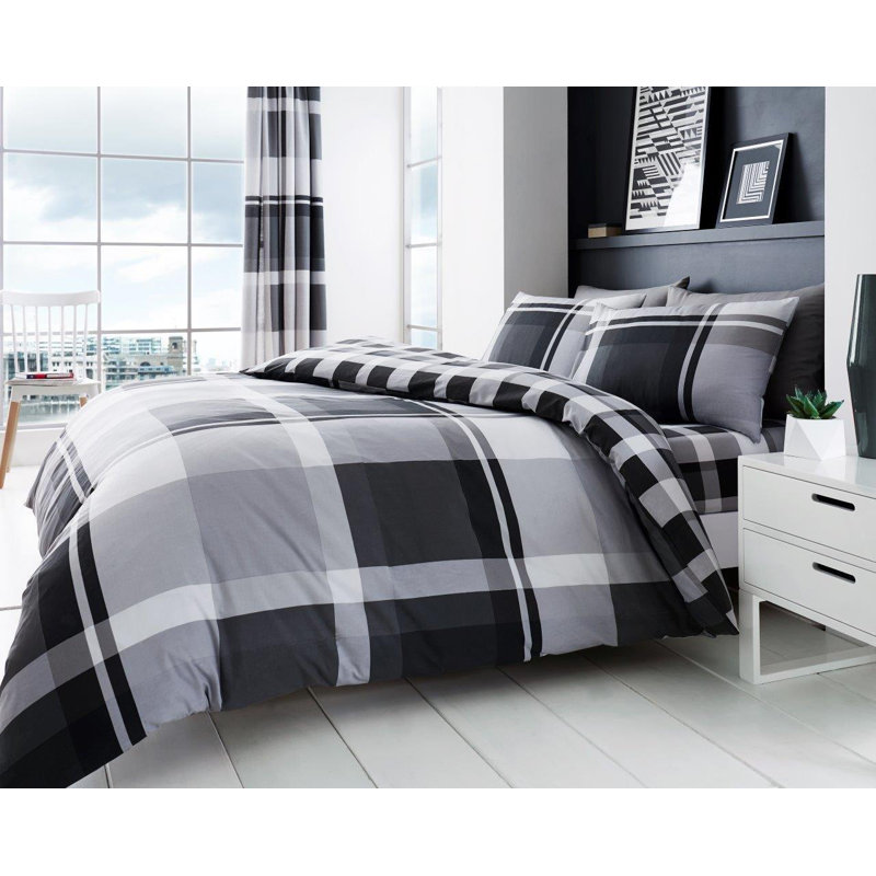 Check Pattern Polycotton Duvet Cover Set with Matching Pillowcases - Machine Washable Bedding Set, Grey, Super King