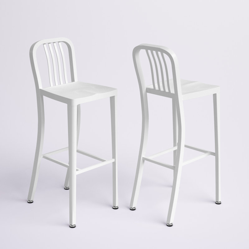 Tabouret de bar d'intérieur et d'extérieur de qualité commerciale avec dossier à lattes verticales, Blanc