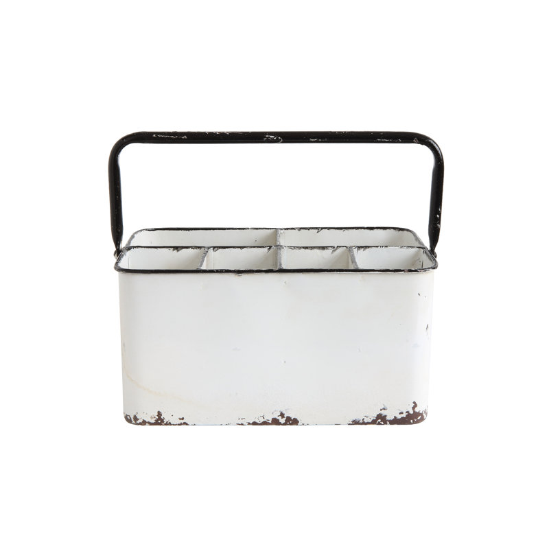 Metal Caddy with 6 Compartments Handle and Distressed Enamel Finish, White