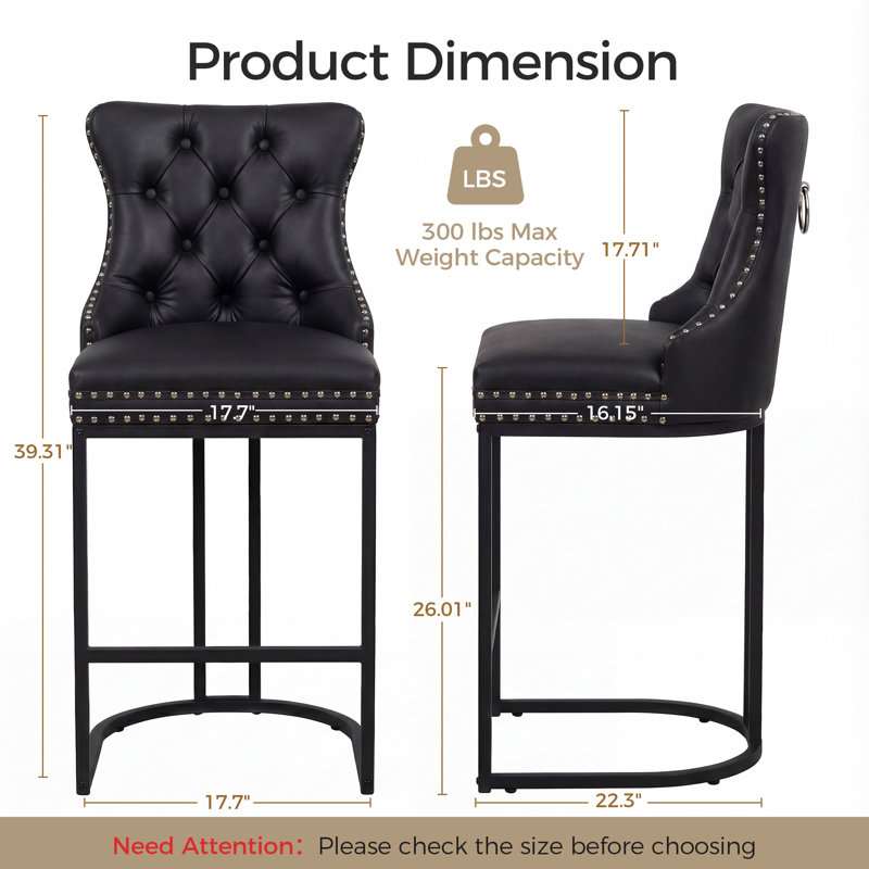 26" Modern Upholstered Counter Height Bar Stools with Nailhead Trim, Black Seat/Black Legs/Faux Leather