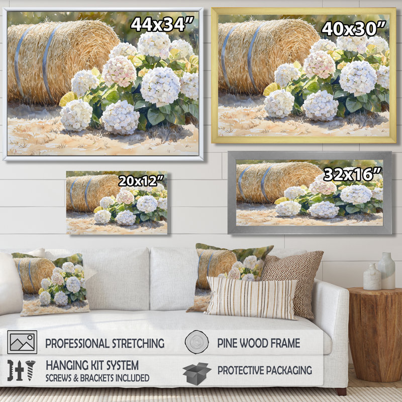 Hortensias dans la basse-cour I - hydrangées, art mural, H 28 po x l 60 po, Floater Framed, Doré