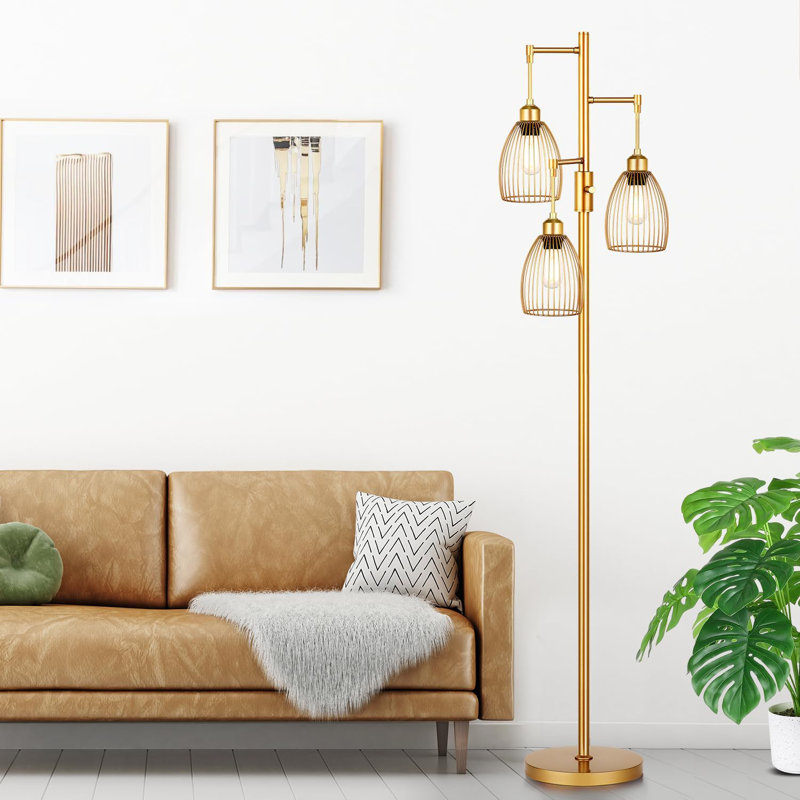 Gold Adjustable 70'' Tall LED Floor Lamp with Cage Shades