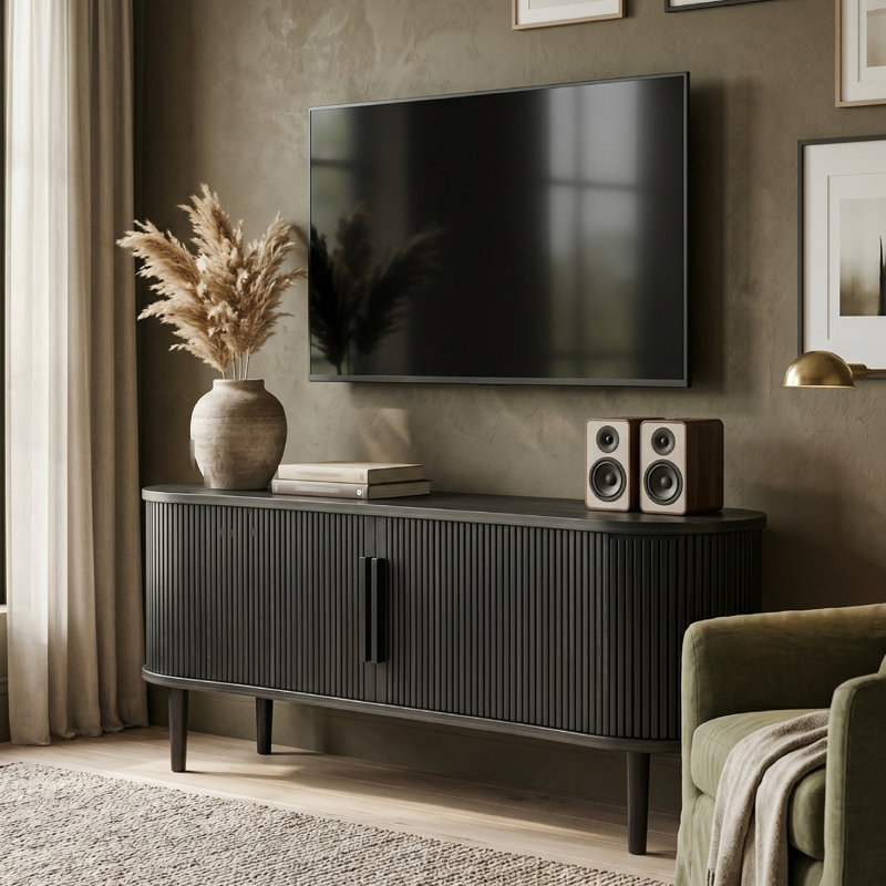 Tv Stand With Storage, 63In Fluted TV Stand Modern Media Console Table Entertainment Center With Sliding Door And Solid Wood Legs For Living Room Bedroom Office Black
