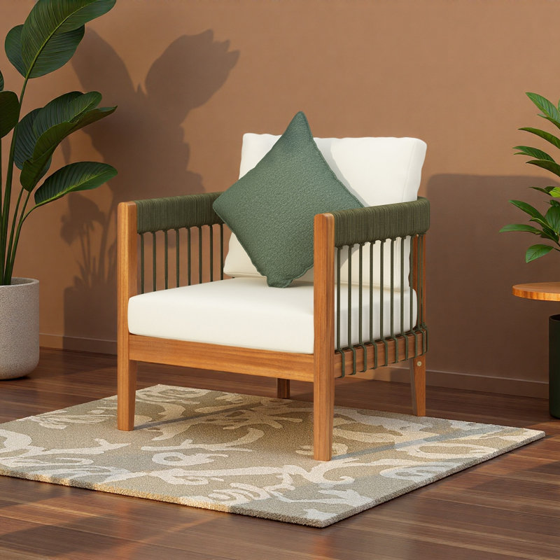 Acacia Wood Outdoor Club Chair With Handwoven Rope Accents & Curved Backrest - Water-Resistant Boho Patio Lounge Chair With Removable Cushions For Porch
