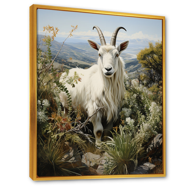 «White Meadow Buck Goat Peaks», art mural animal de chèvre, Cadre flottant doré, H 32 po x l 16 po x P 1 po