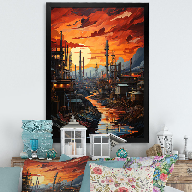 Semarang " Orange Oil Rigs Oil Odyssey ", 44" H x 34" W x 1.5" D, Black Picture Framed