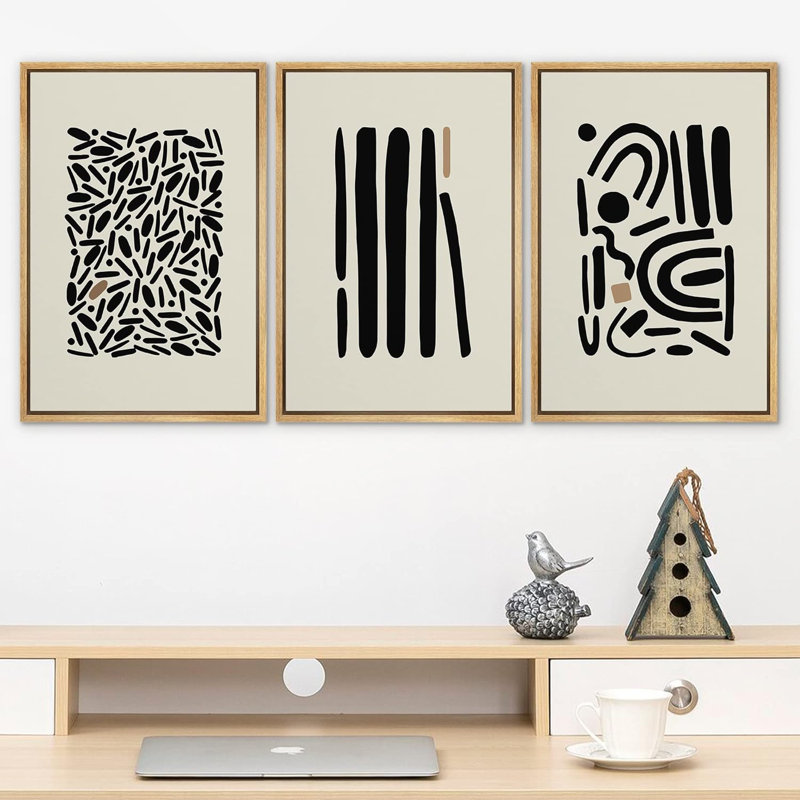 Natural Framed Geometric Abstract Canvas Wall Art Set
