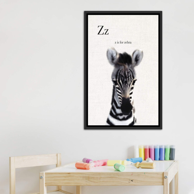 Décoration murale bébé zèbre en lin pour enfants, H 26 po x l 18 po x 1,5 po, Toile avec cadre noir patiné