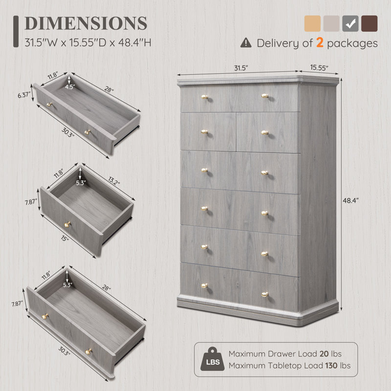 Commode 7 tiroirs Abarca, Gris, 7