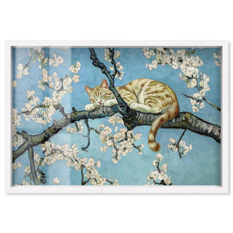 «Autumn Blossom Kitten Shadowbox», reproduction d'art moderne par Art Remedy, H 25 po x l 37 po, Blanc