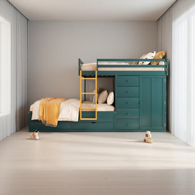 Lit superposé double avec 2 grands tiroirs et 5 petits tiroirs, fabrication en bois aggloméré et en bois massif, conception de rangement moderne avec petite armoire
