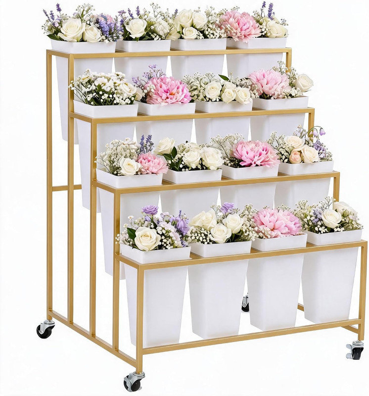 Présentoir à fleurs à 4 niveaux avec 16 seaux détachables et roues verrouillables, tablette mobile pour bouquet de fleurs pour les mariages