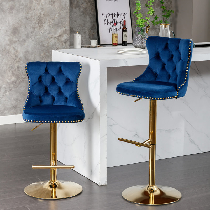 Swivel Velvet Barstools with Adjusatble Seat Height, Gold, Blue