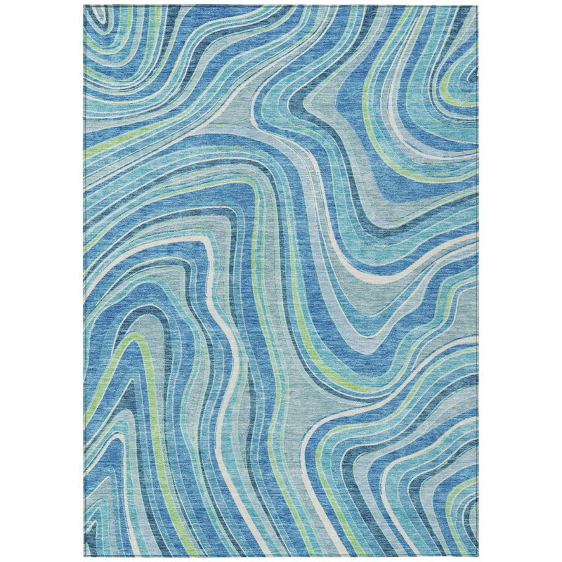 HomeRoots 3' X 5' Navy Blue And Denim Blue Abstract Washable Indoor Outdoor Area Rug
