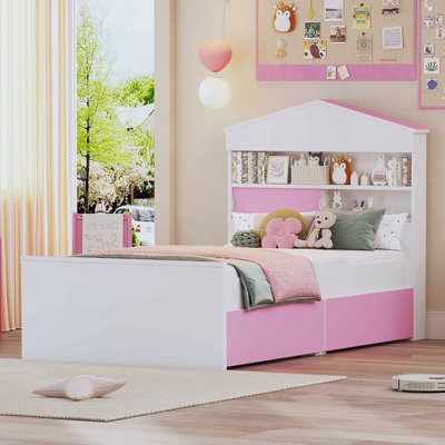 Lit en bois en forme de maison Kitzie avec tablette de rangement sur la tête de lit, deux tiroirs de rangement intégrés, 