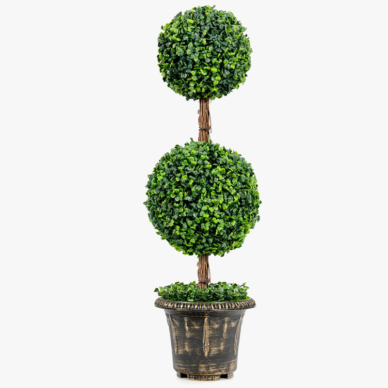 36'' Green Plastic Double Ball Topiary in Cement Pot