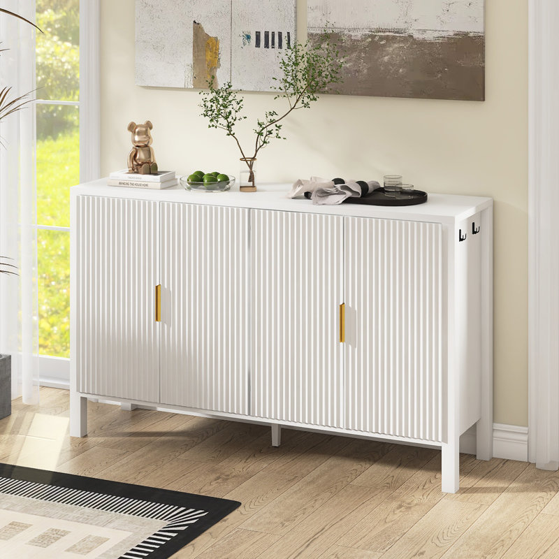 57.5" W Mordern Sideboard With Racks,Adjustable Shelves And Hooks, White