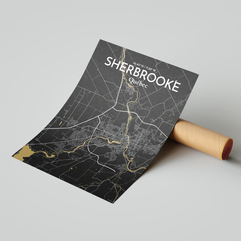 Sherbrooke, carte de la ville, impression, Noir / or, H 24 po x l 18 po