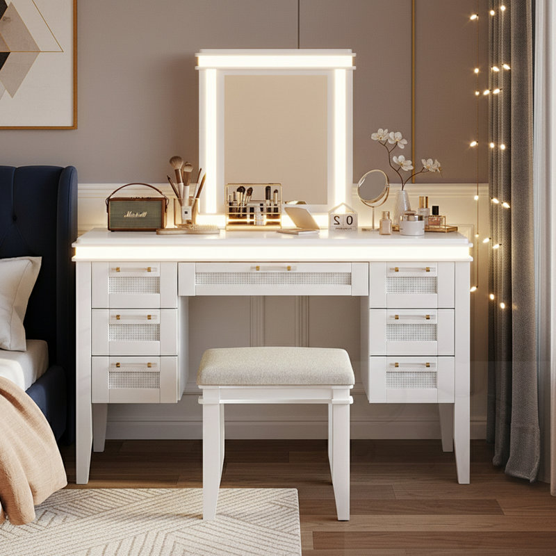 7-Drawer Vanity Desk With Mirror And Lights And Stool, White