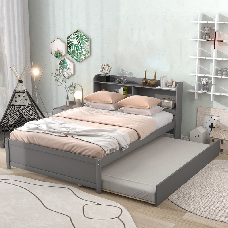 Teen Bed Platform Standard Bed With Bookcase And Twin Trundle, Gray, Full