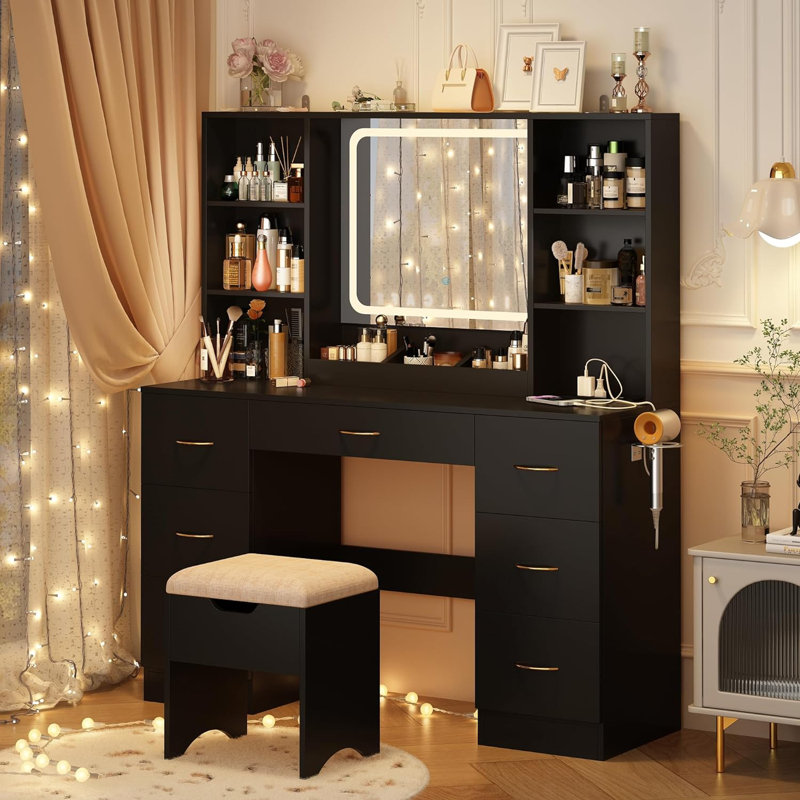 47"  Vanity Desk with LED Lighted Mirror,Drawers & Cabinets, Makeup Table with Power Outlet,  Adjustable Lighting Modes