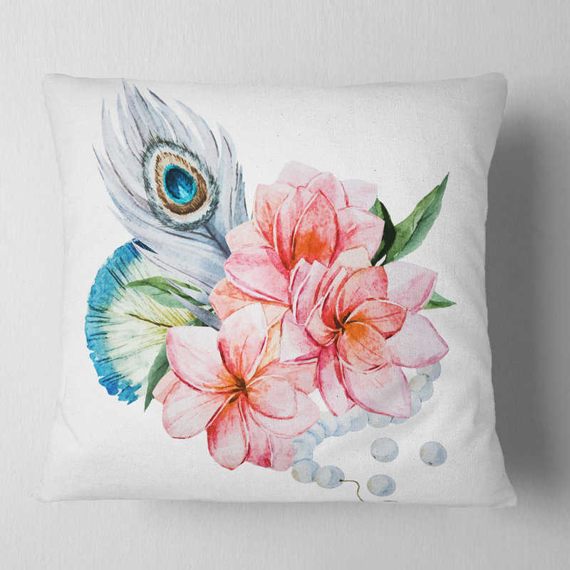 Coussin floral avec plumes de paon, 16 po x 1 po, Carré