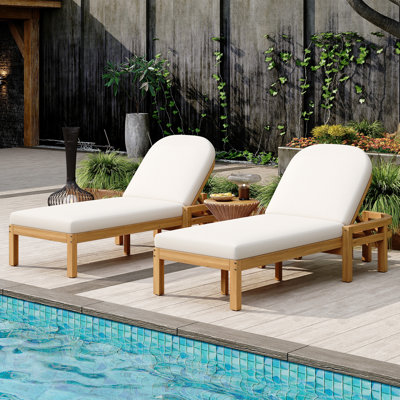 78"L Acacia Solid Wood Patio Chaise Lounge, With Cushion And 5-Position Adjustable Arched Backrest, Curved Reclining Lounge Chair For Poolside, Deck Or Backyard