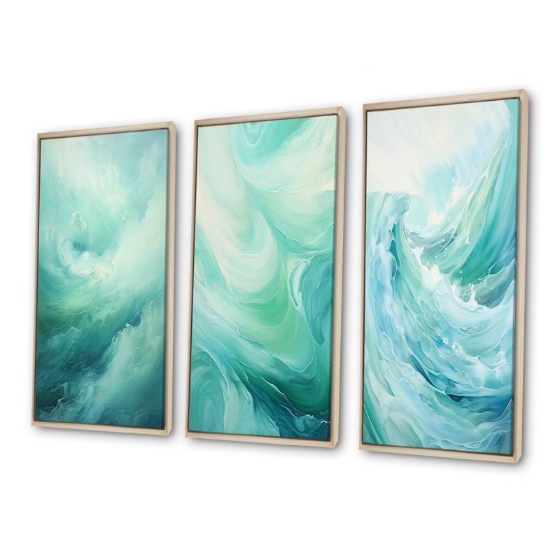 Ensemble de 3 impressions murales sarcelle tempête et vague - Coastal Waves, Cadre flottant brun, H 40 po x l 60 po