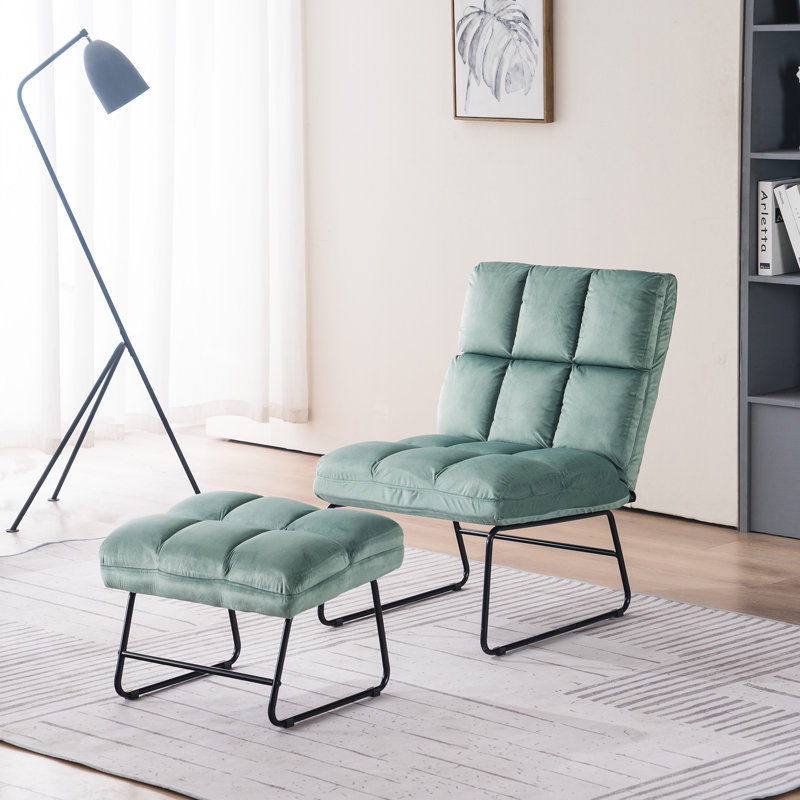 Merrick Road Accent Chair with Ottoman, Velvet Modern Metal Legs, Club Chair Lounge Sofa Couch, Light Green Velvet