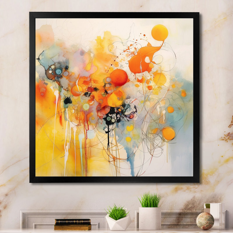 Orange and Yellow Color Whirls III - Abstract Minimalism Canvas Wall Art, Black Single Picture Framed, 30" H x 40" W x 1.5" D