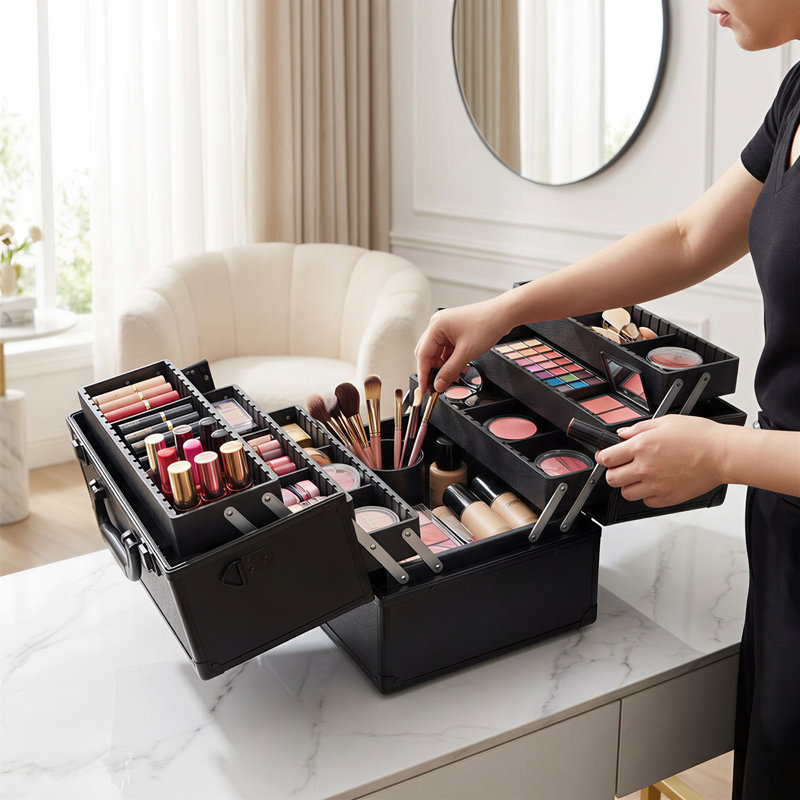 Étui de rangement noir verrouillable pour cosmétiques, grande boîte de maquillage pour train de 14 po avec 6 plateaux réglables, organisateur spacieux pour les outils de beauté