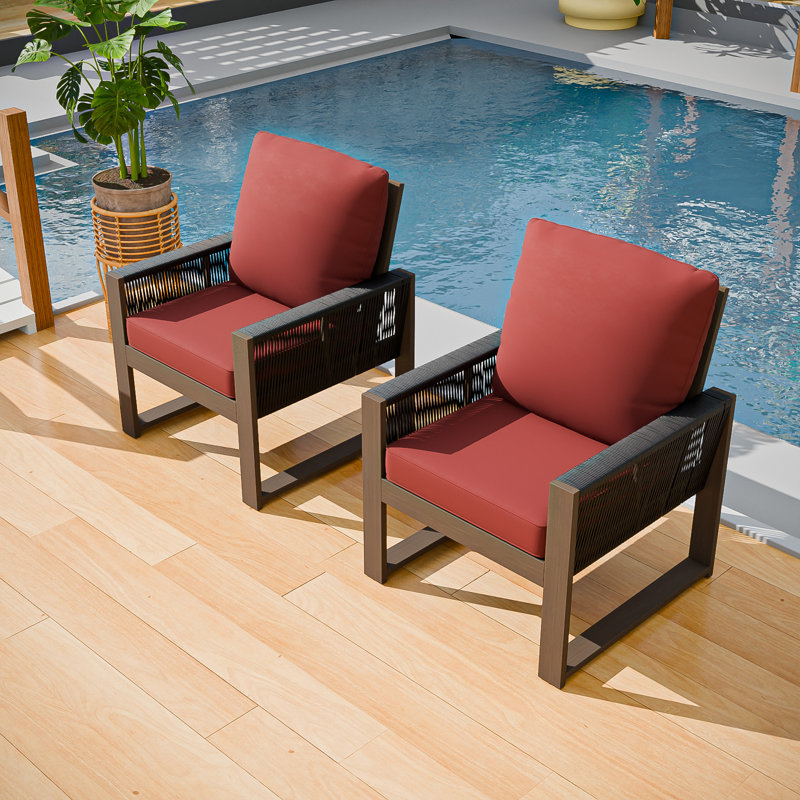 Ensemble de 2 chaises de salle à manger en bois de cèdre brun avec coussins en oléfine pour l'extérieur, Rouge