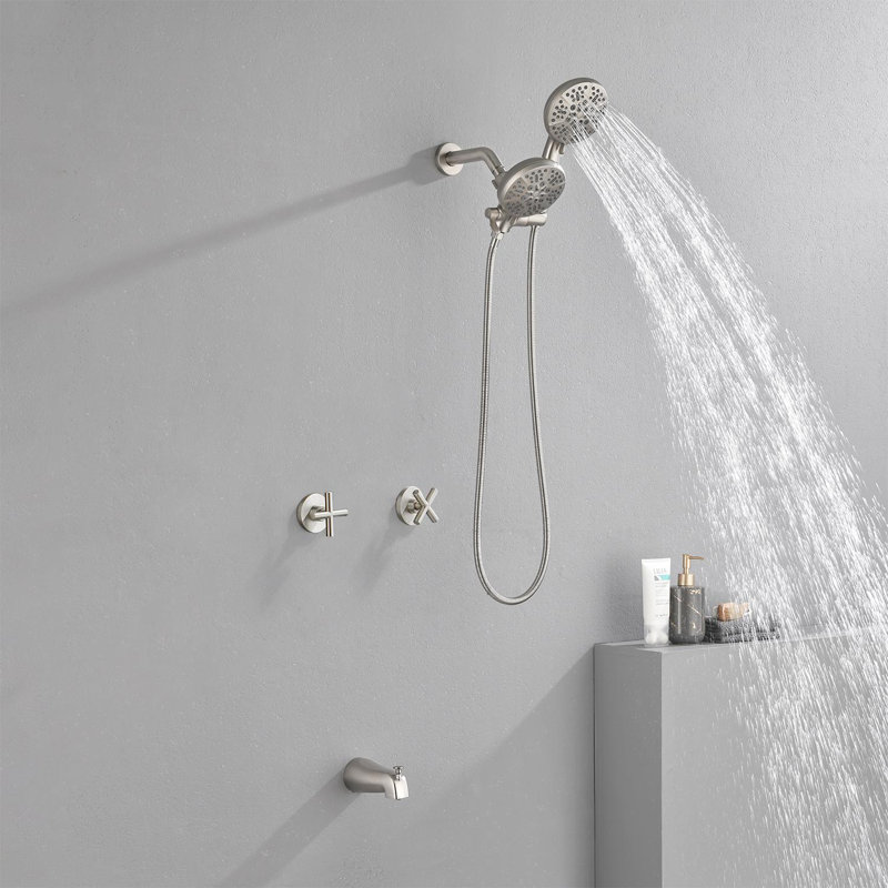 2 Handles Shower Faucet Set With Tub Spout Bathtub Shower Faucet Combo Set Shower System Complete Tub And Shower Trim Kit Wall Mounted Shower Fixtures