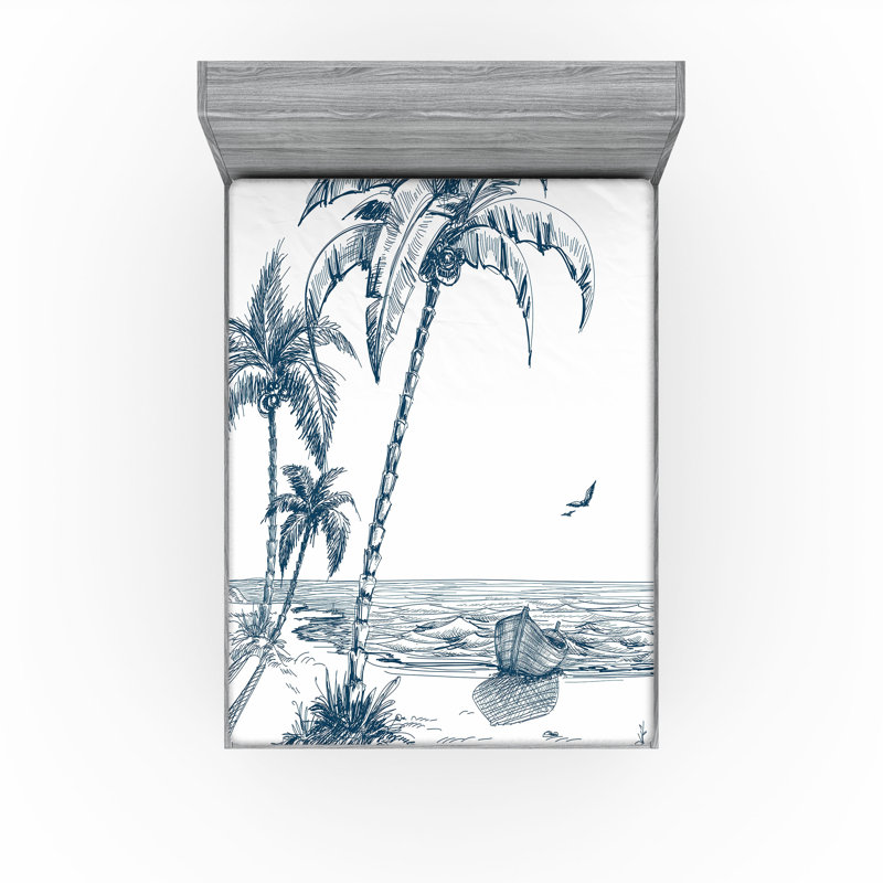 Ambesonne Island Fitted Sheet 2-Pack Palm Tree Boat Sketch Petrol Blue White, King Fitted Sheet