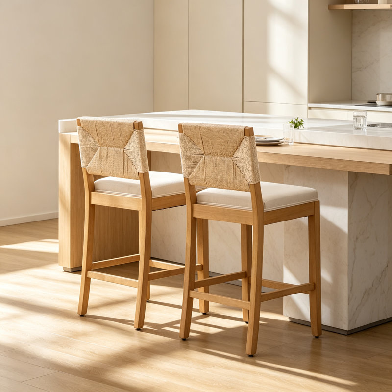Tabourets de bar en bois massif avec dossier en rotin (lot de 2), Beige 2