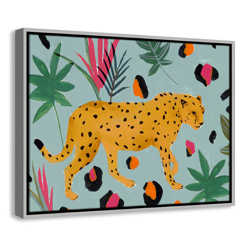 «Nyles Walking Cheetah II» par Isabelle Z - reproduction d'art, H 19,5 po x l 25,5 po x P 2 po, Toile avec cadre argenté