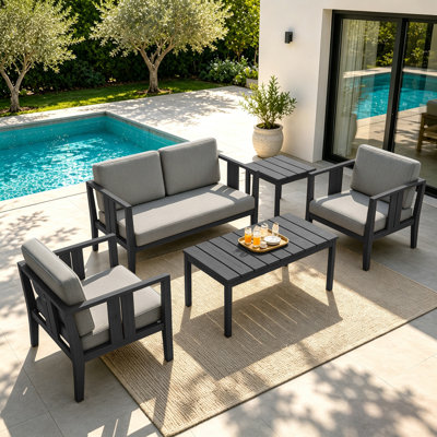Junco Teak Outdoor Four-person Patio Set with Cushions and Two Tables