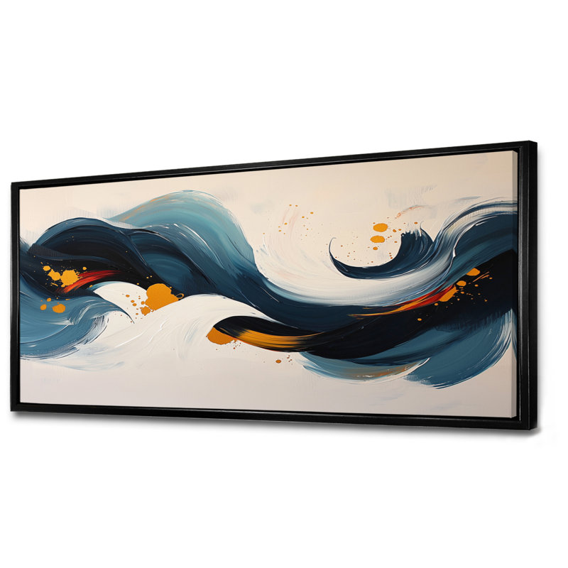 «Omor Roots And Reflections Of Abstract Waves III», art mural abstrait sur toile, Noir, H 28 po x l 60 po, Cadre flottant