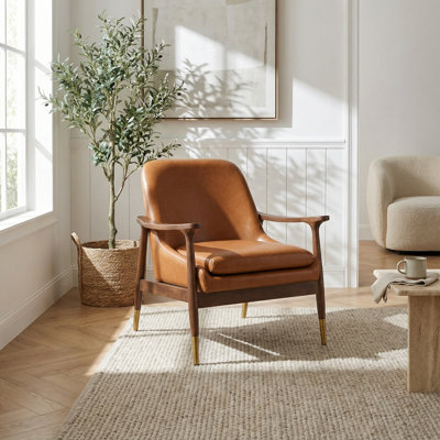 Chaise d'appoint de style Mid-Century moderne avec revêtement en similicuir et structure en bois massif, avec des pieds en laiton pour le salon, la chambre à coucher ou les sièges de bureau